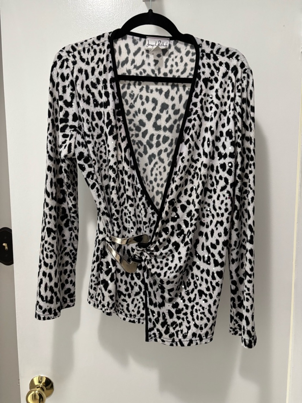Joseph Ribkoff Black and White Leopard-Print Wrap Top Metallic Buckle Size 12